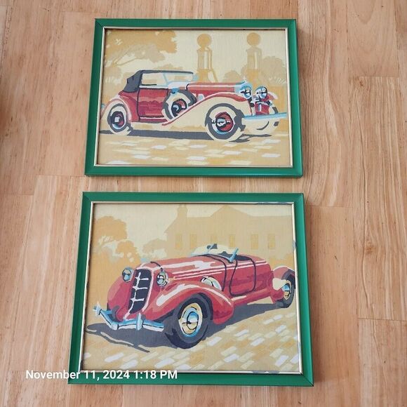 VTG Art Antique Cars Hand Painted Not Signed In Green Frames 2 in Listing
